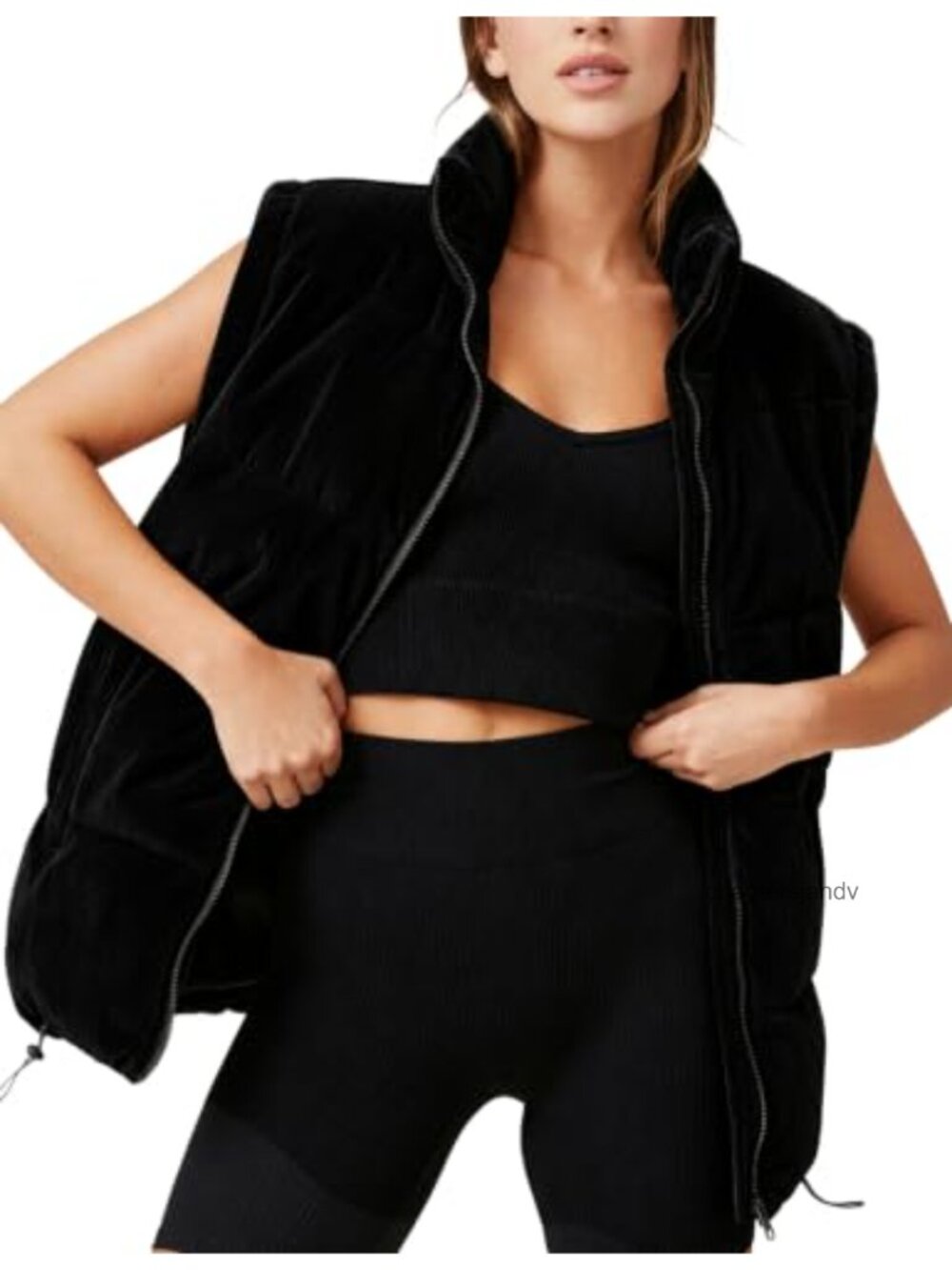Corduroy Puffer Vest Zip Up Stand Collar Sleeveless Jacket